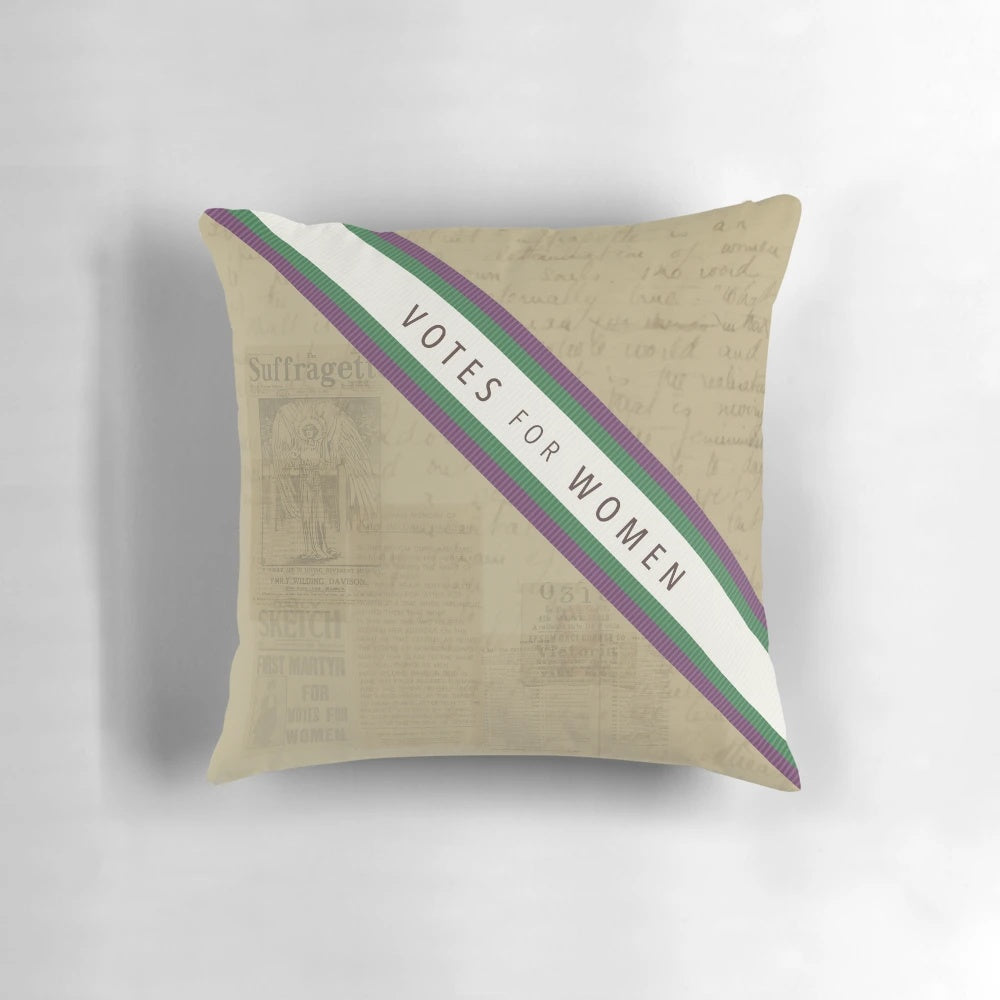 Commemorative pillow featuring the colors and imagery of the women's suffrage movement, honoring the life and sacrifice of Emily Wilding Davison.