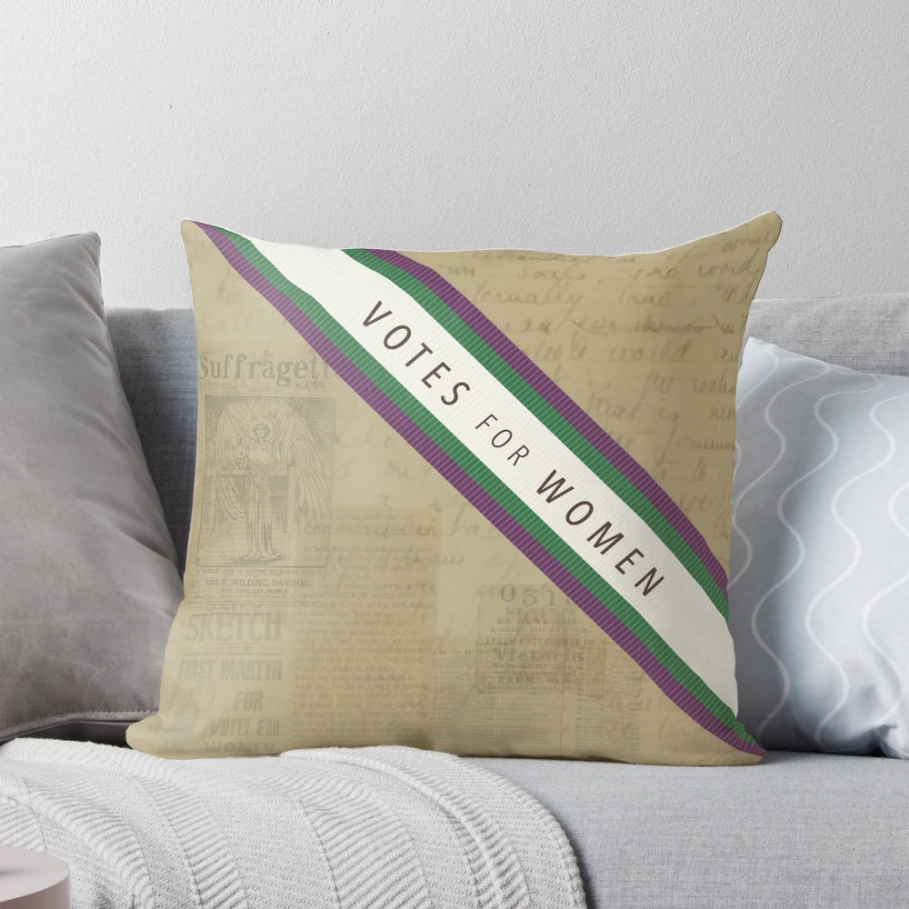 Commemorative pillow featuring the colors and imagery of the women's suffrage movement, honoring the life and sacrifice of Emily Wilding Davison.