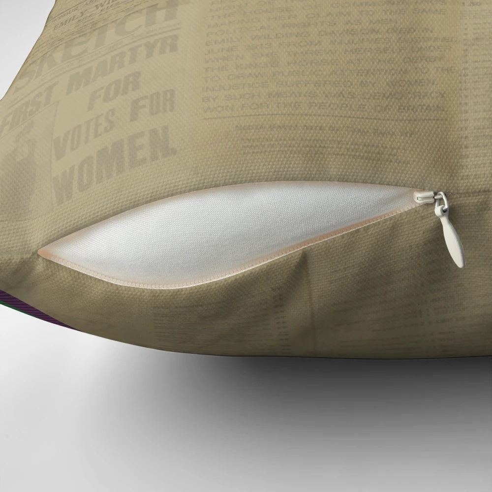 Commemorative pillow featuring the colors and imagery of the women's suffrage movement, honoring the life and sacrifice of Emily Wilding Davison.