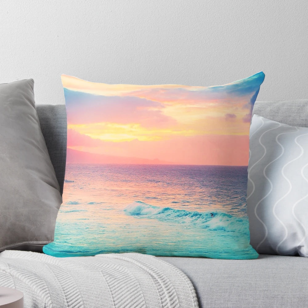 Hookipa Surf Sunset Pillow - Coastal home decor featuring a peaceful Hawaiian sunset scene