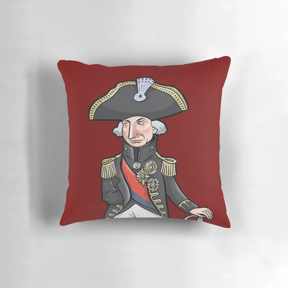 Horatio Nelson, 1st Viscount Nelson commemorative pillow featuring the British naval hero and military leader.