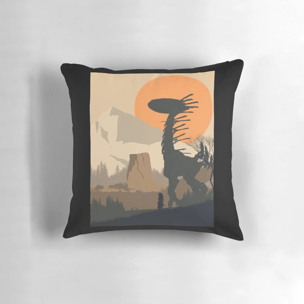 Horizon Zero Dawn minimalist video game art pillow featuring the protagonist Aloy against a futuristic landscape