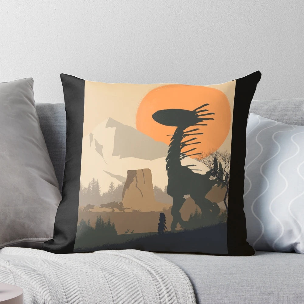 Horizon Zero Dawn minimalist video game art pillow featuring the protagonist Aloy against a futuristic landscape