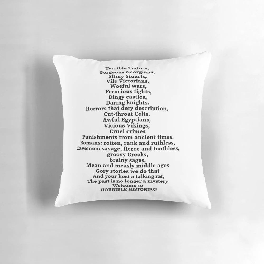 Horrible Histories-inspired decorative pillow with theme song design