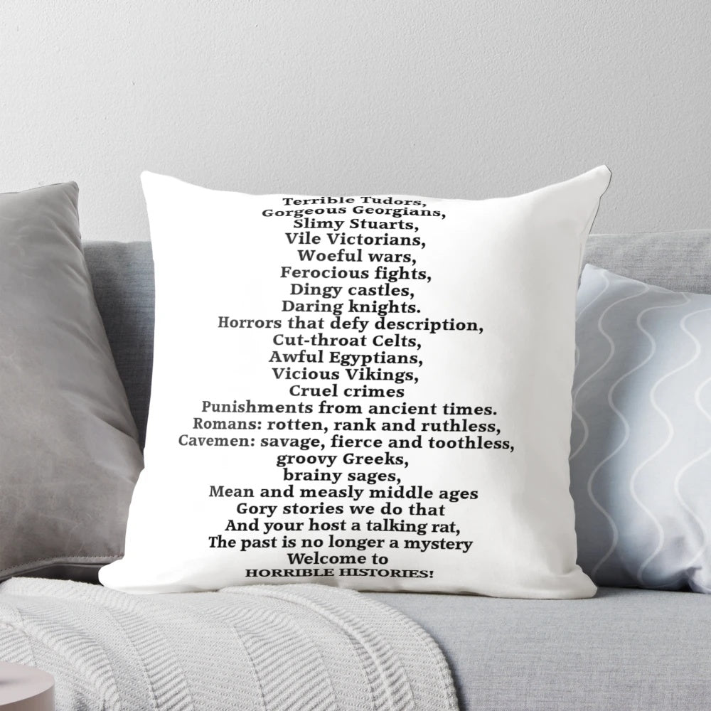 Horrible Histories-inspired decorative pillow with theme song design