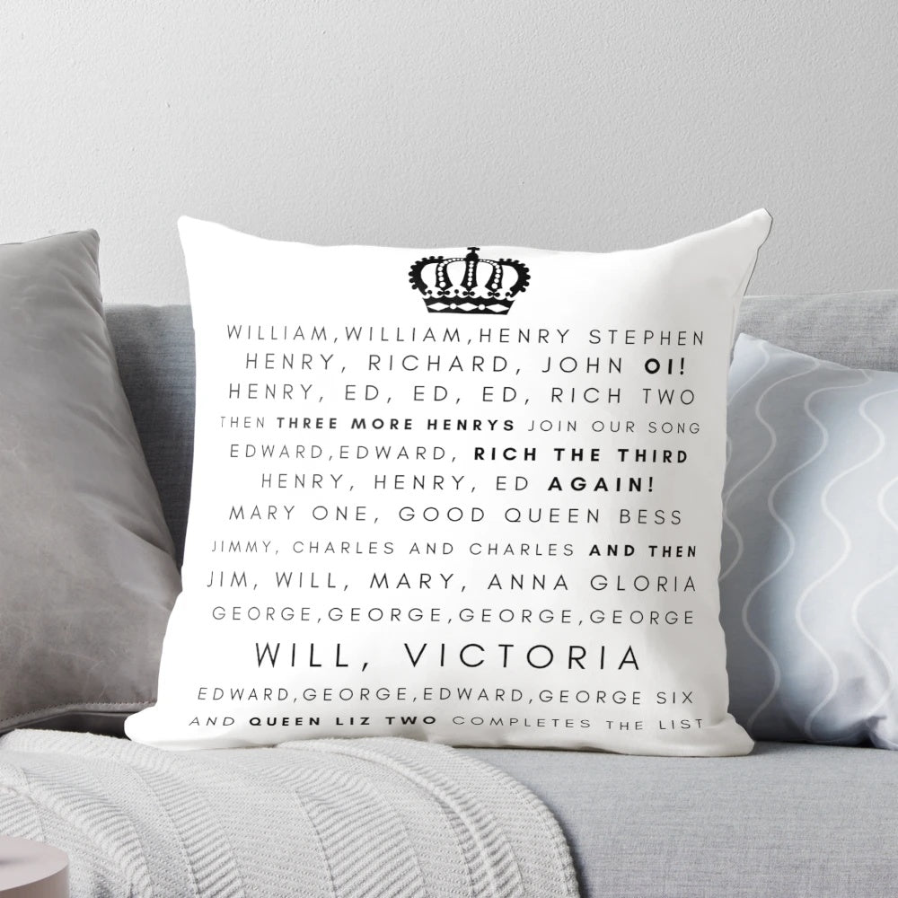 Decorative pillow featuring illustrations of historic British kings and queens from the Horrible Histories series