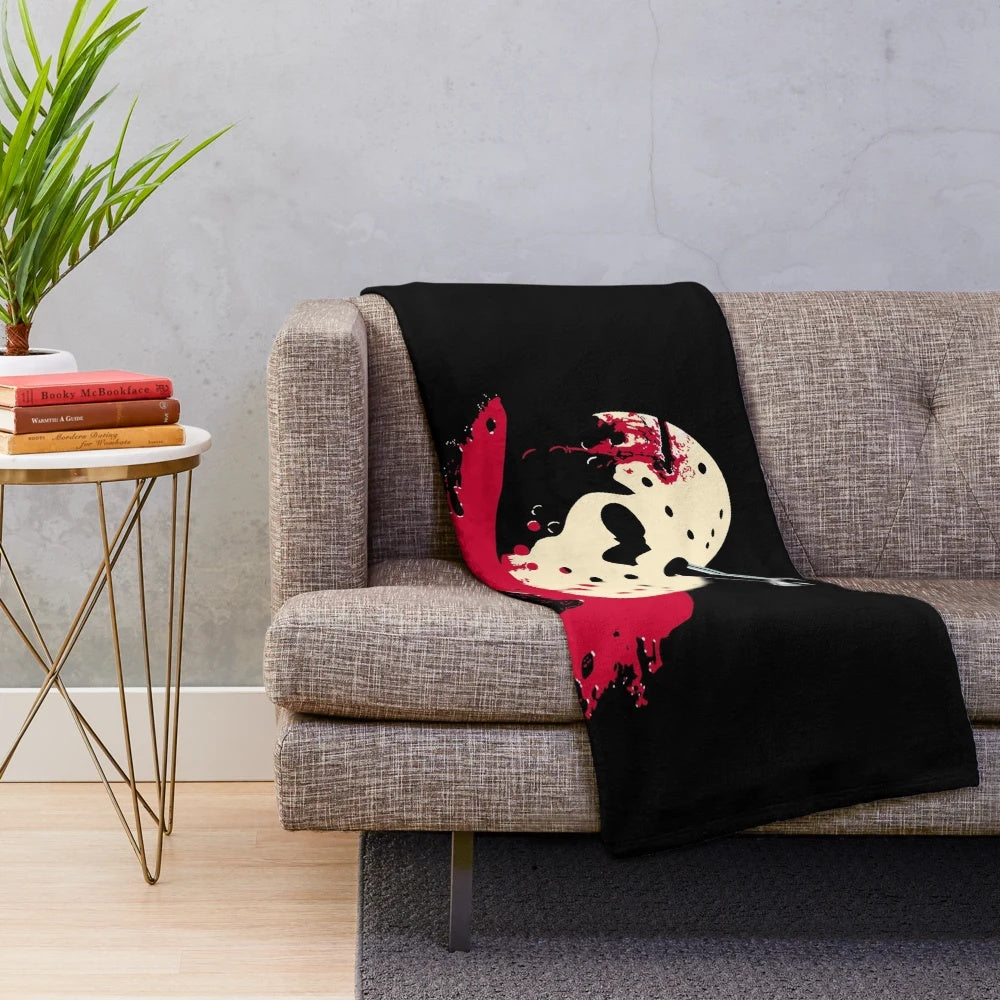 Friday the 13th inspired plush blanket featuring the iconic Jason Voorhees