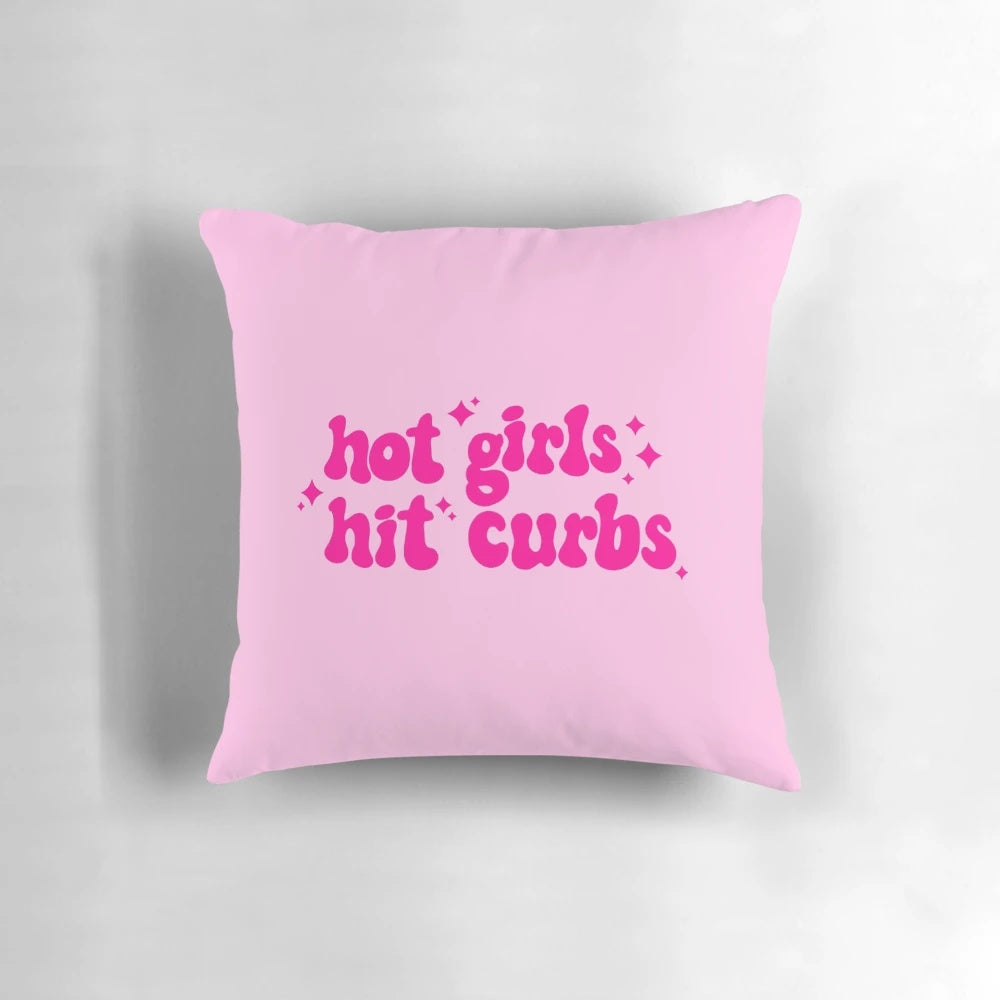 Pillow featuring an illustration of a stylish woman's car hitting a curb, with pink and sparkly accents.