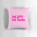 Pillow featuring an illustration of a stylish woman's car hitting a curb, with pink and sparkly accents.