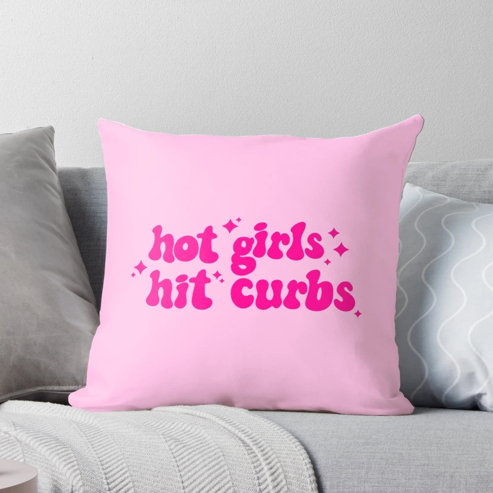 Pillow featuring an illustration of a stylish woman's car hitting a curb, with pink and sparkly accents.