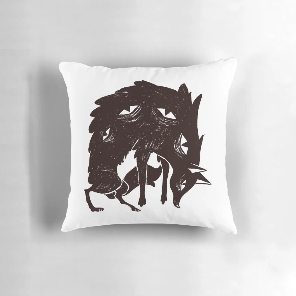 Detailed wolf face pillow with intense eyes and fur, perfect for a rustic or fantasy-themed room