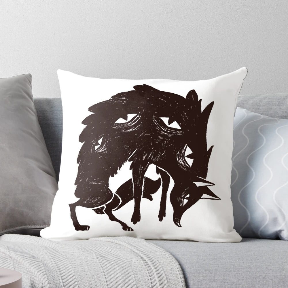 Detailed wolf face pillow with intense eyes and fur, perfect for a rustic or fantasy-themed room