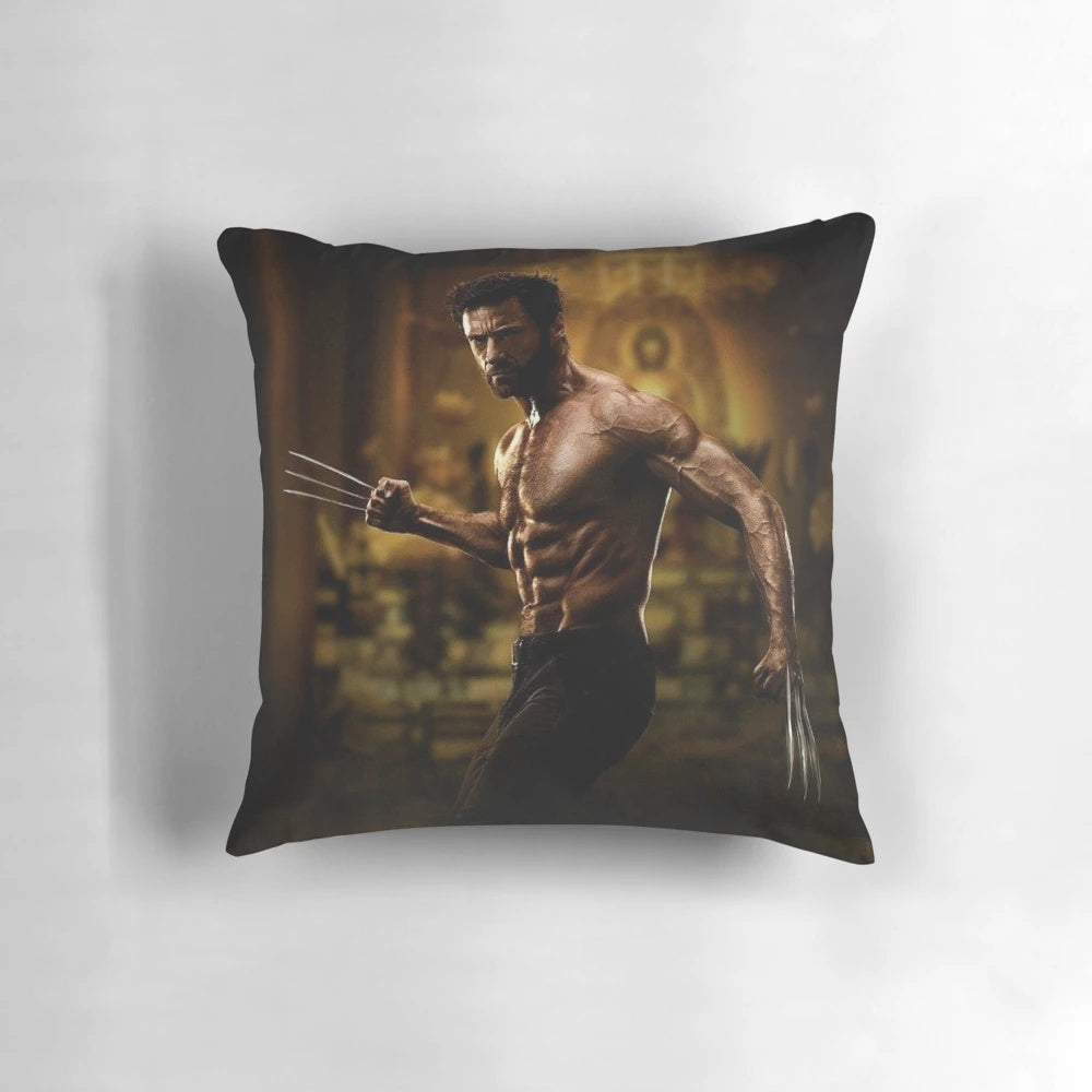 Hugh Jackman, the legendary actor known for his roles as Wolverine and Logan, featured on a custom pillow.