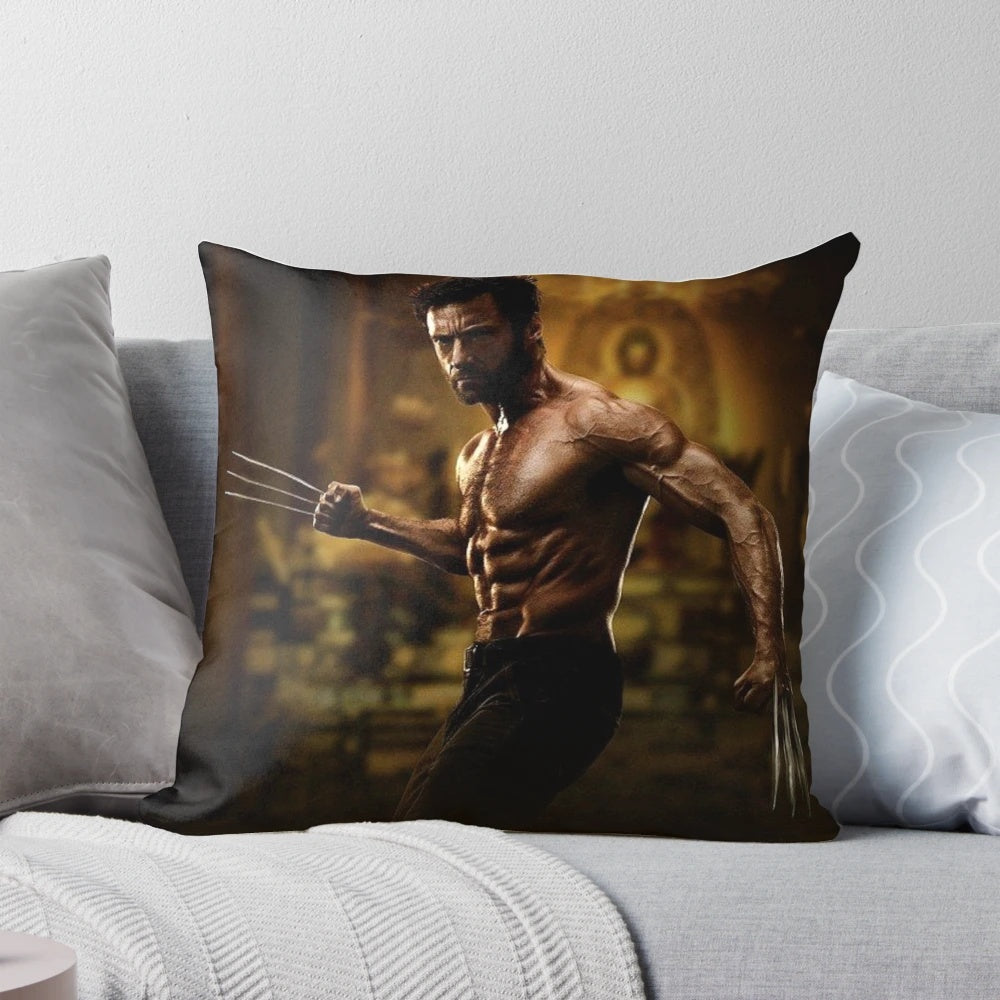 Hugh Jackman, the legendary actor known for his roles as Wolverine and Logan, featured on a custom pillow.