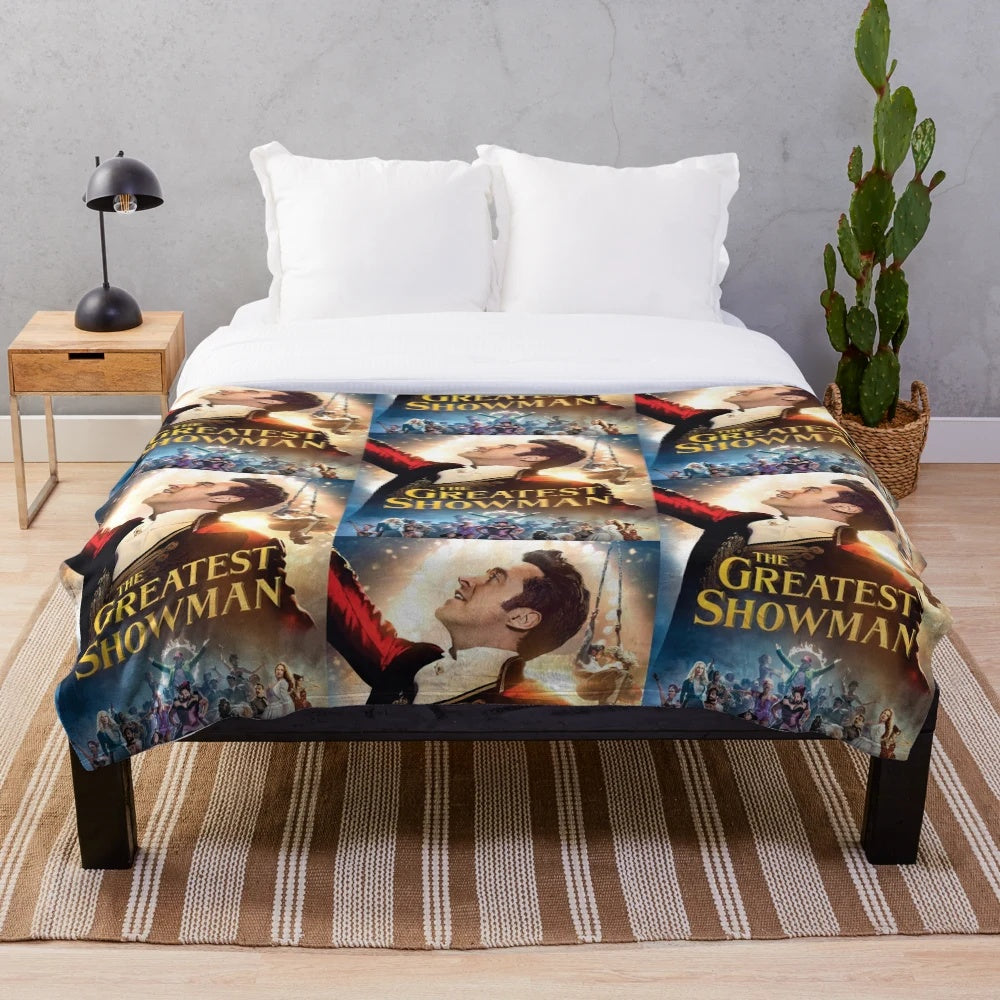 Plush blanket with front design inspired by Hugh Jackman's The Greatest Showman