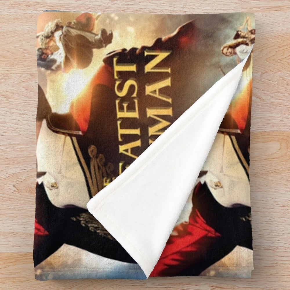 Plush blanket with front design inspired by Hugh Jackman's The Greatest Showman