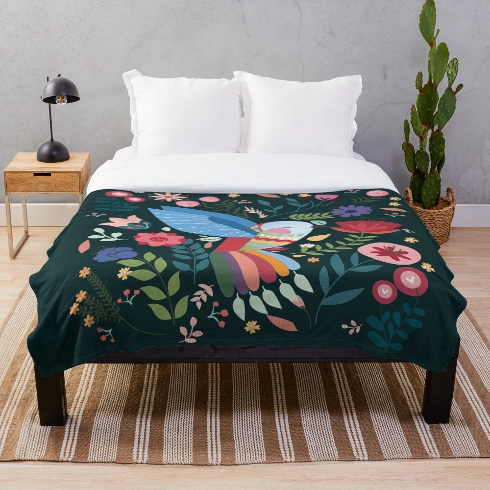 Hummingbird and floral design plush blanket