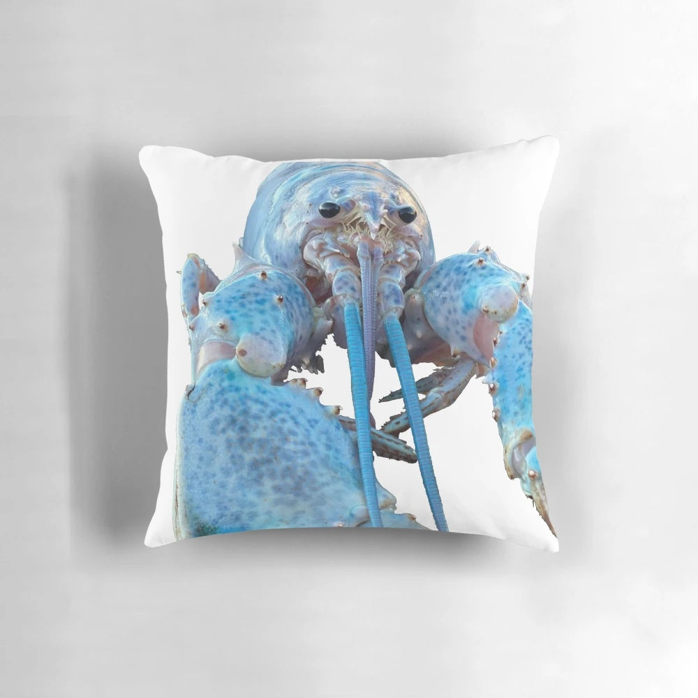 Image of a blue lobster decorative pillow with a playful design.