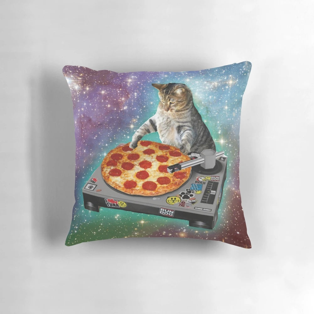Playful cat-themed pizza-shaped throw pillow for home and office