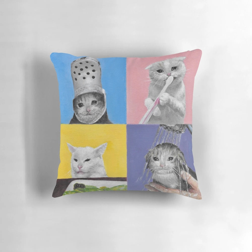 Humorous cat meme pillow with sad, angry, and crying feline designs