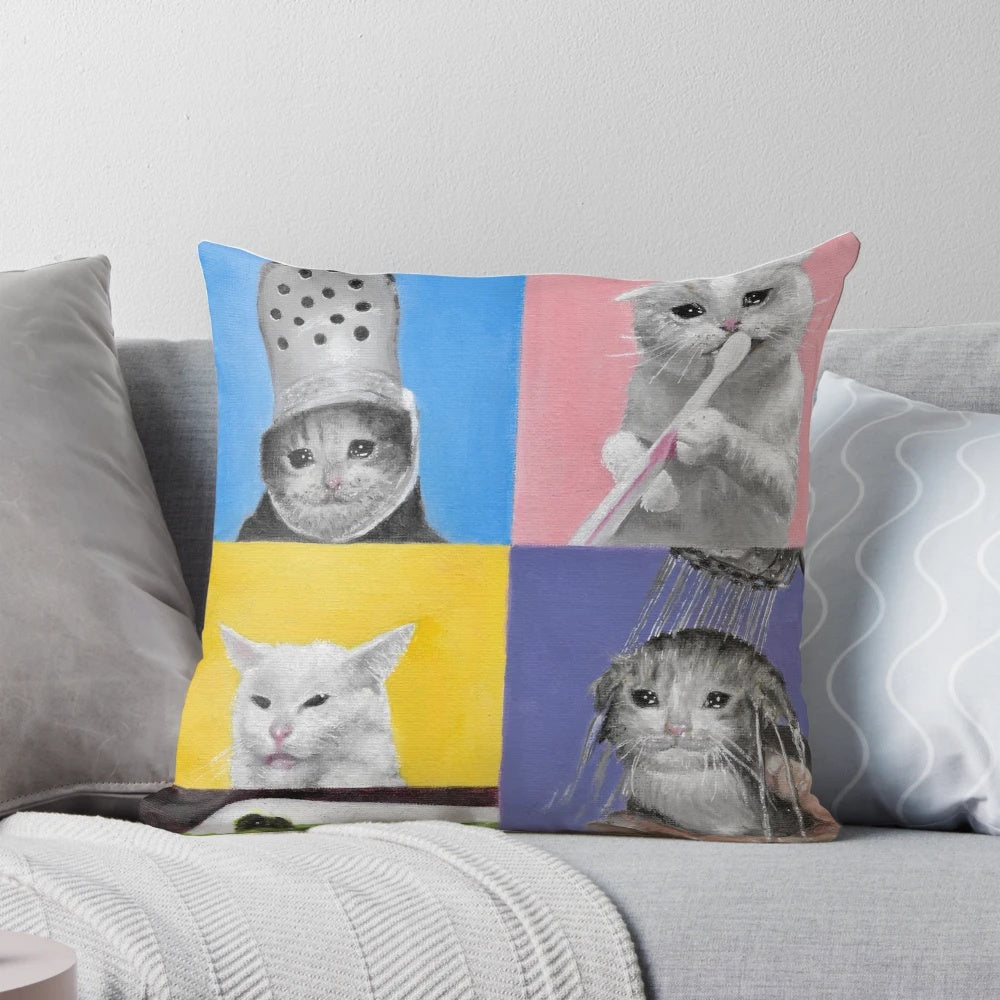 Humorous cat meme pillow with sad, angry, and crying feline designs