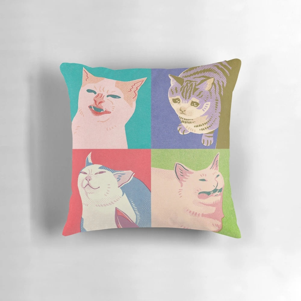 Colorful throw pillow featuring four cats in a meme-inspired pop art style