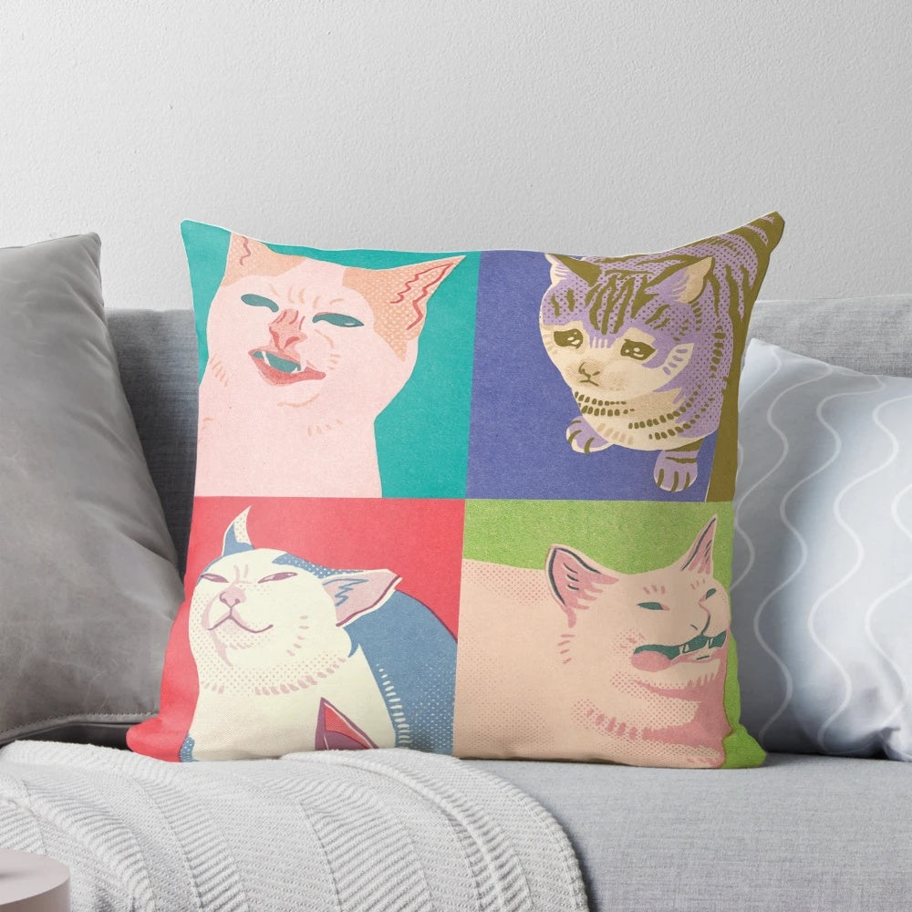 Colorful throw pillow featuring four cats in a meme-inspired pop art style