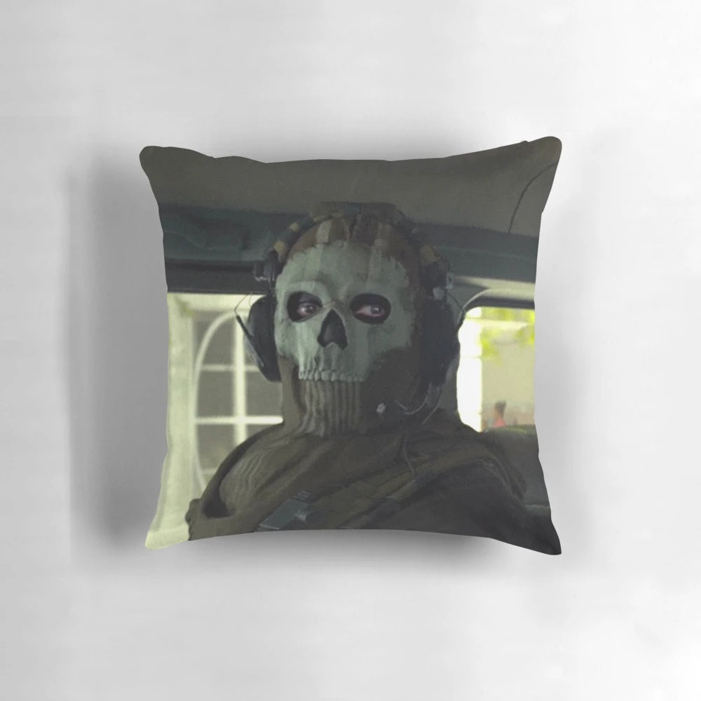Decorative pillow featuring the iconic Ghost character from the popular video game Call of Duty: Modern Warfare 2.