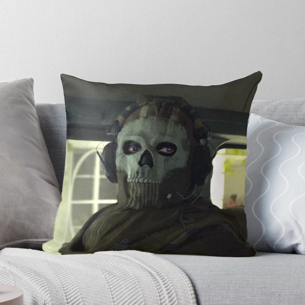 Decorative pillow featuring the iconic Ghost character from the popular video game Call of Duty: Modern Warfare 2.