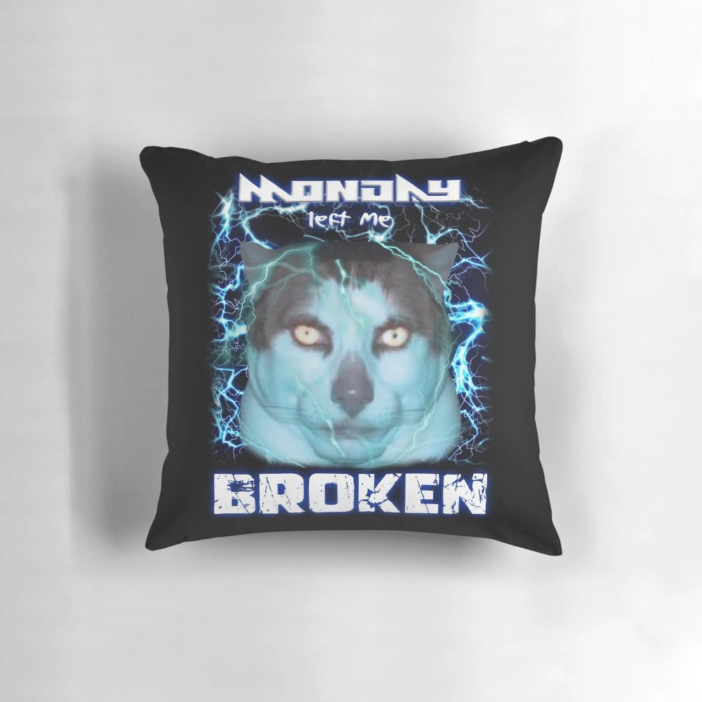 Humorous Cat Pillow with 'Monday Left Me Broken' Meme Inspired Design