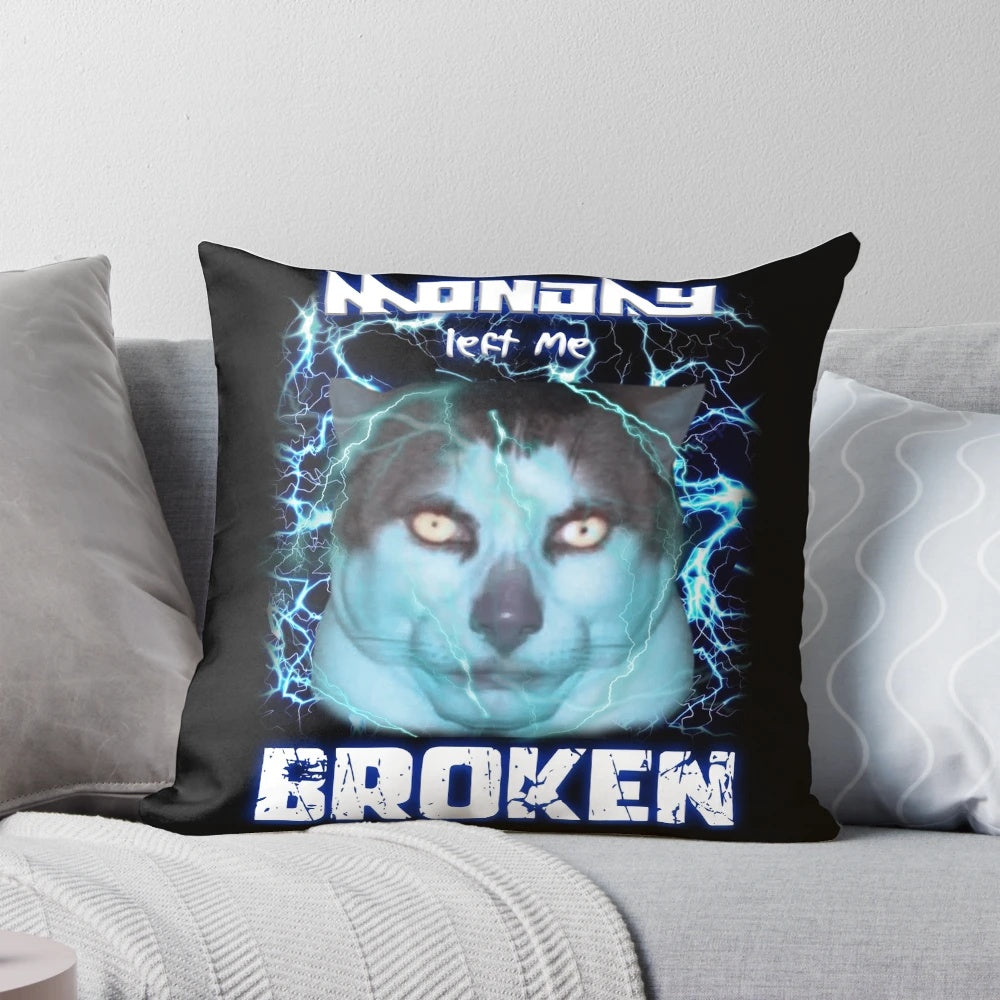 Humorous Cat Pillow with 'Monday Left Me Broken' Meme Inspired Design