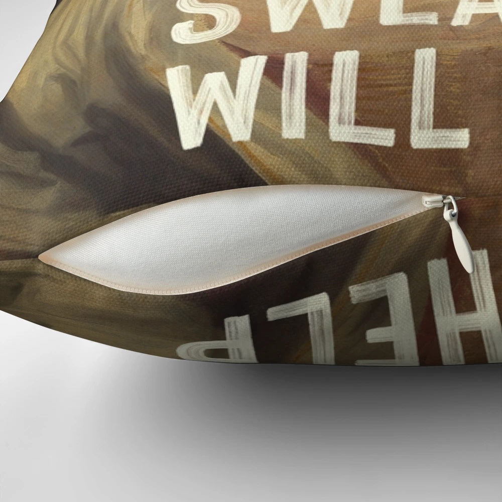 Funny, inspirational pillow featuring a vintage typography design with the text "Maybe Swearing Will Help