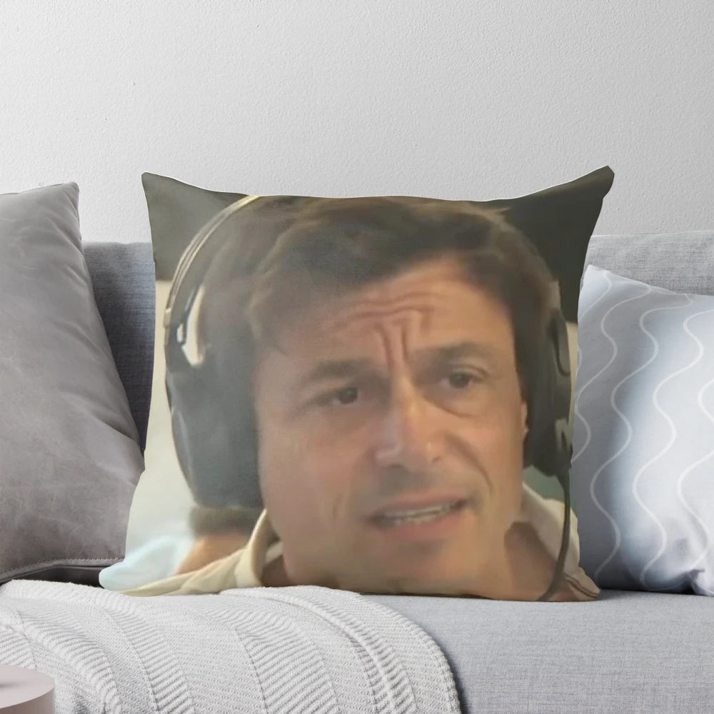 Pillow featuring a confused expression of Formula 1 Mercedes team principal Toto Wolff