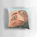 Gru meme face printed on a soft, plush decorative pillow