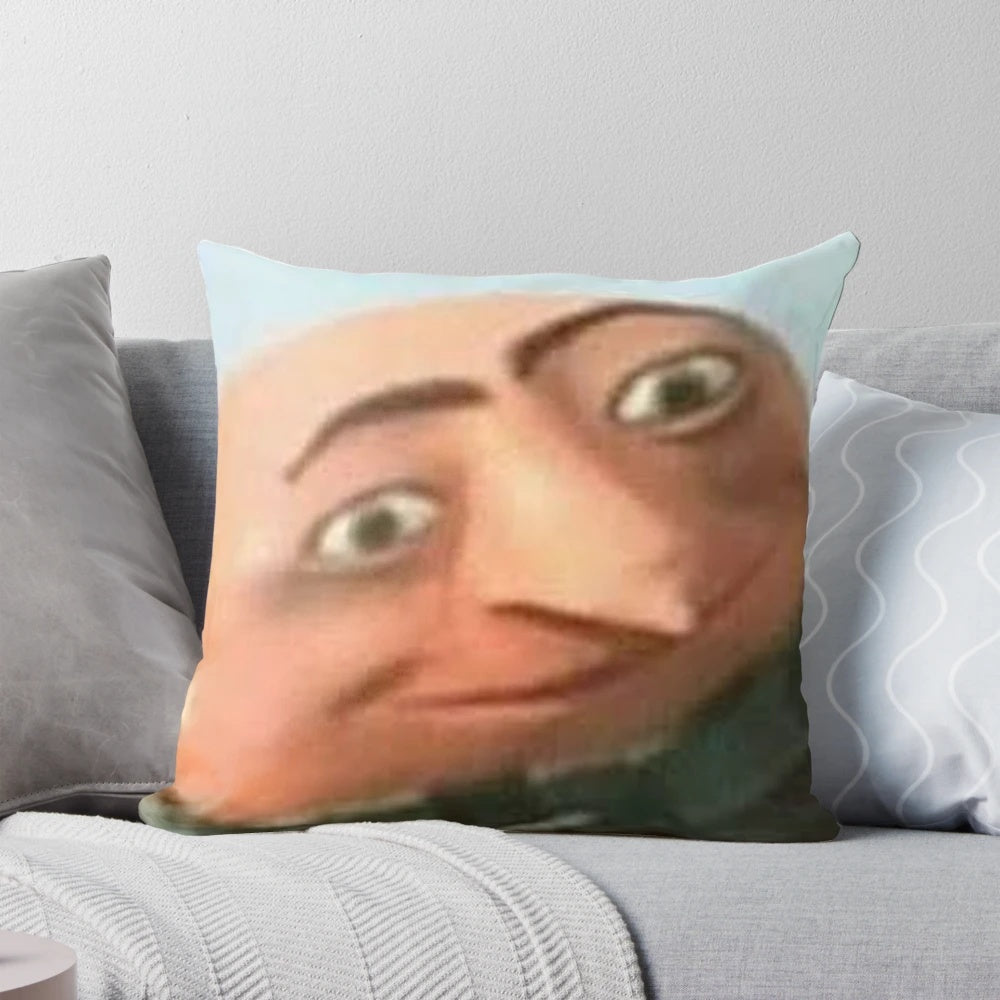 Gru meme face printed on a soft, plush decorative pillow