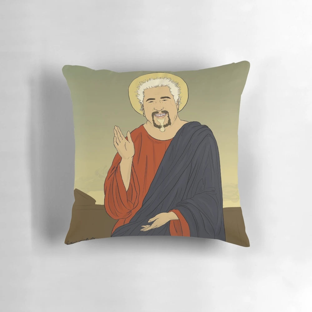 A decorative pillow featuring an artistic depiction of celebrity chef Guy Fieri in a Jesus-like pose.