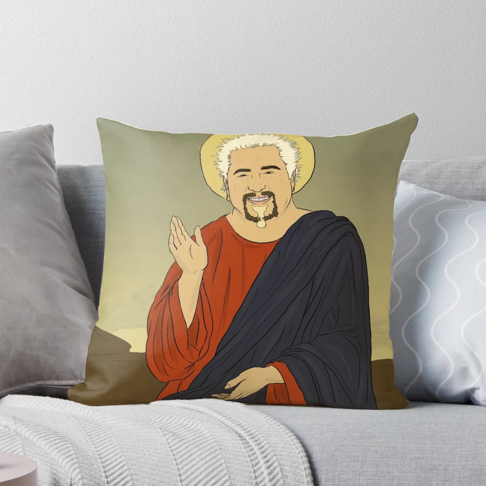 A decorative pillow featuring an artistic depiction of celebrity chef Guy Fieri in a Jesus-like pose.