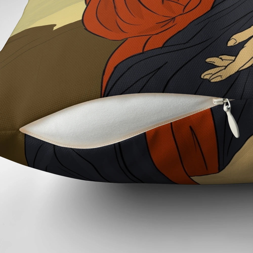 A decorative pillow featuring an artistic depiction of celebrity chef Guy Fieri in a Jesus-like pose.
