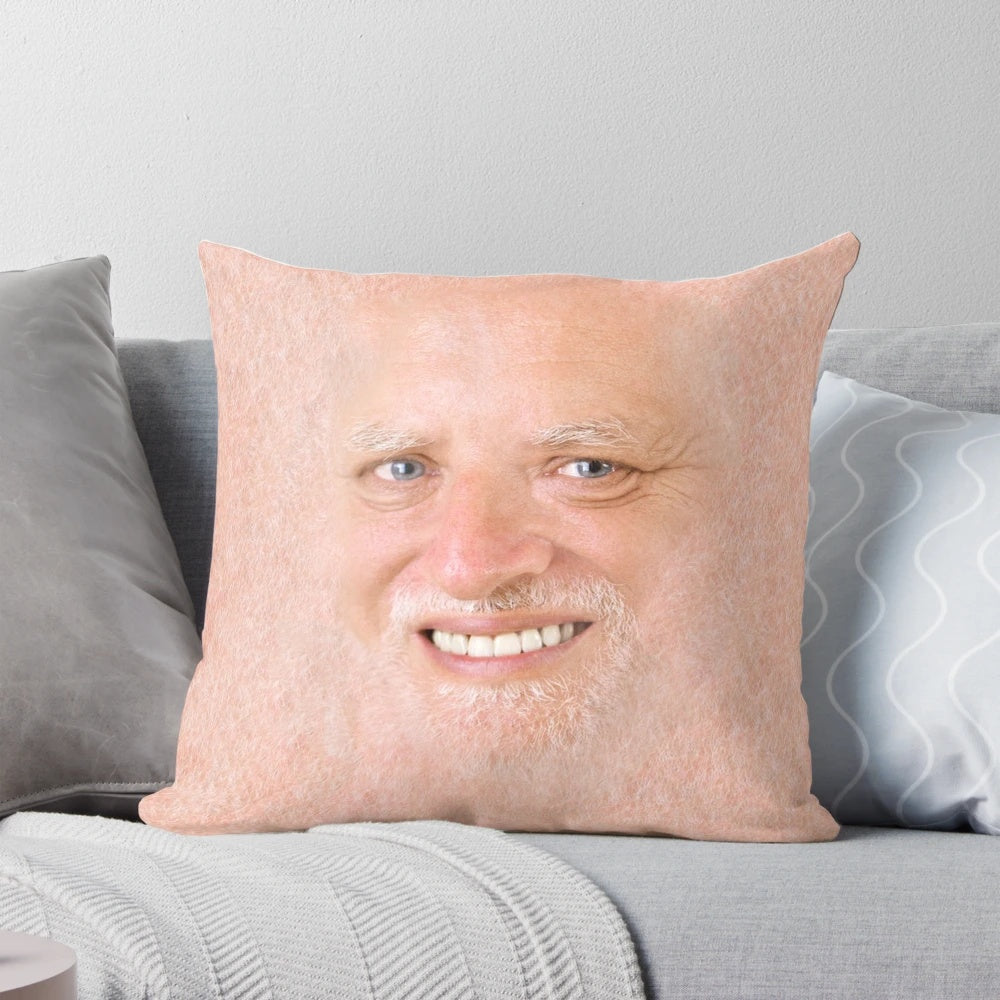 Decorative pillow featuring the "Hide the Pain Harold" meme image, a popular internet and viral meme character.