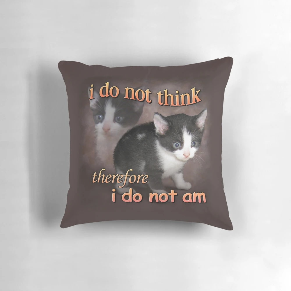 A stylish pillow featuring a cat meme with the philosophical quote "I think, therefore I am" by Descartes.