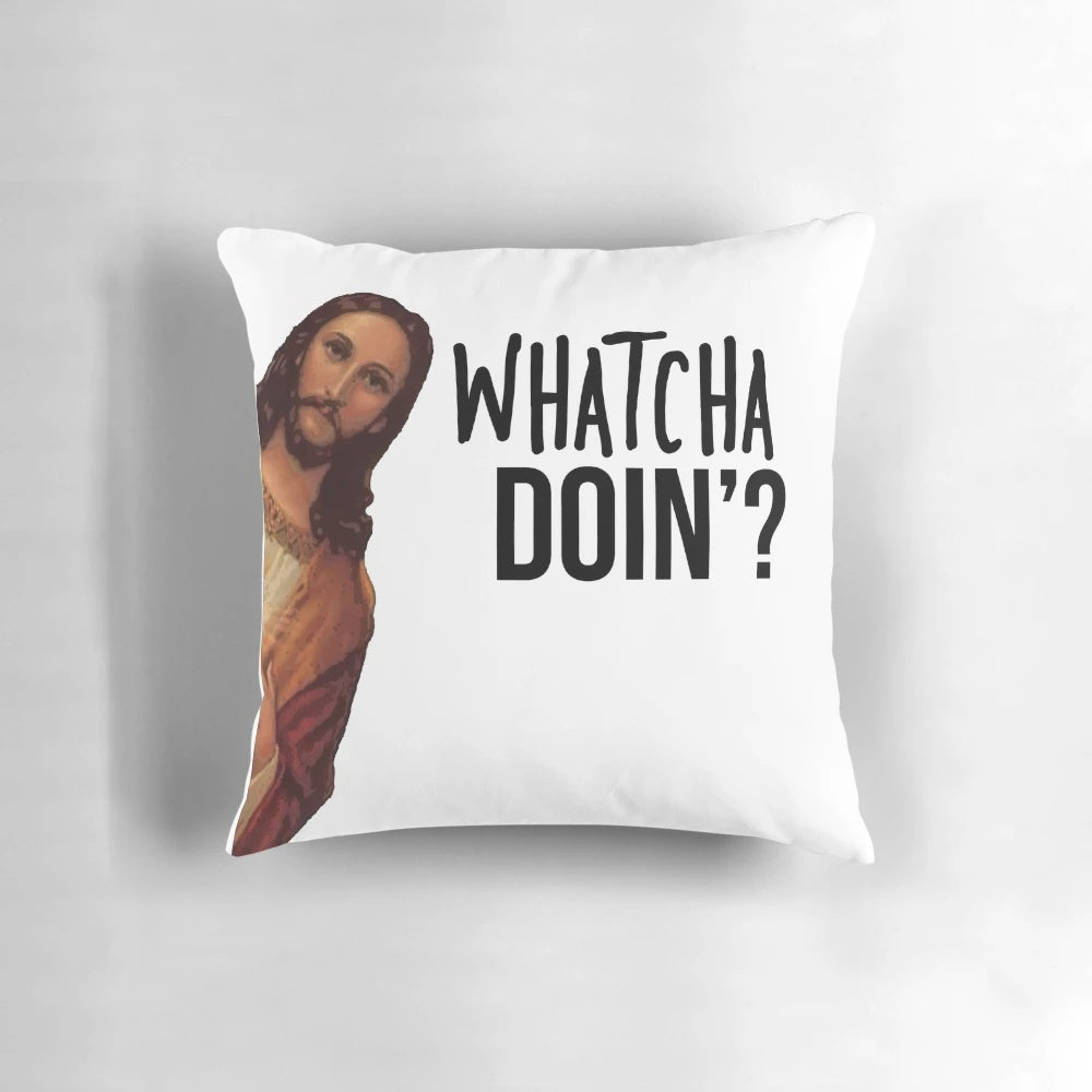 Decorative Jesus Christ meme pillow with text "Jesus is Watching