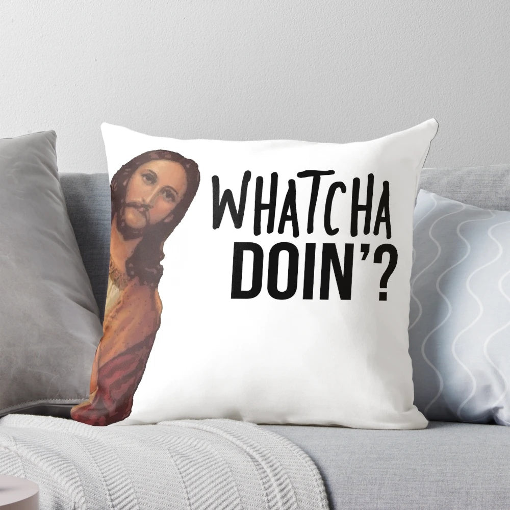 Decorative Jesus Christ meme pillow with text "Jesus is Watching