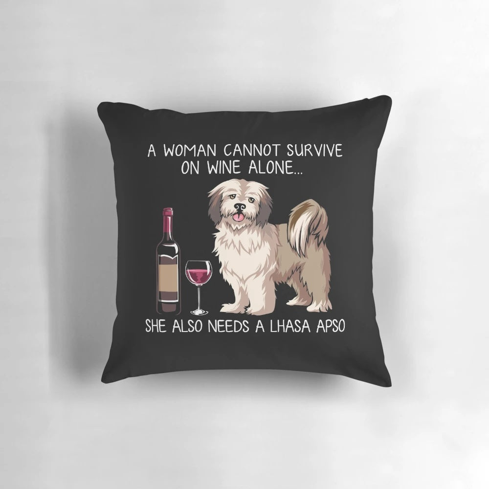 Lhasa Apso and wine-themed decorative throw pillow for dog owners