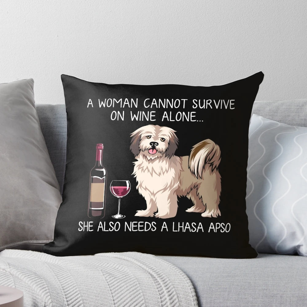 Lhasa Apso and wine-themed decorative throw pillow for dog owners