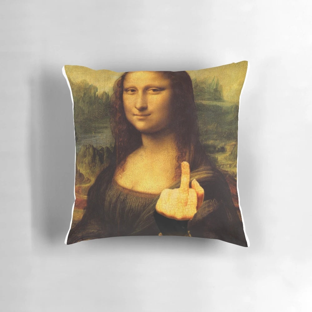Mona Lisa Pillow Flipping the Bird