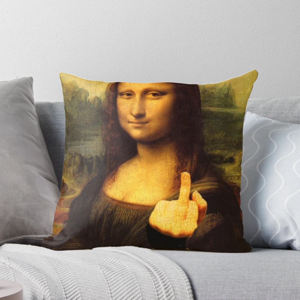 Mona Lisa Pillow Flipping the Bird