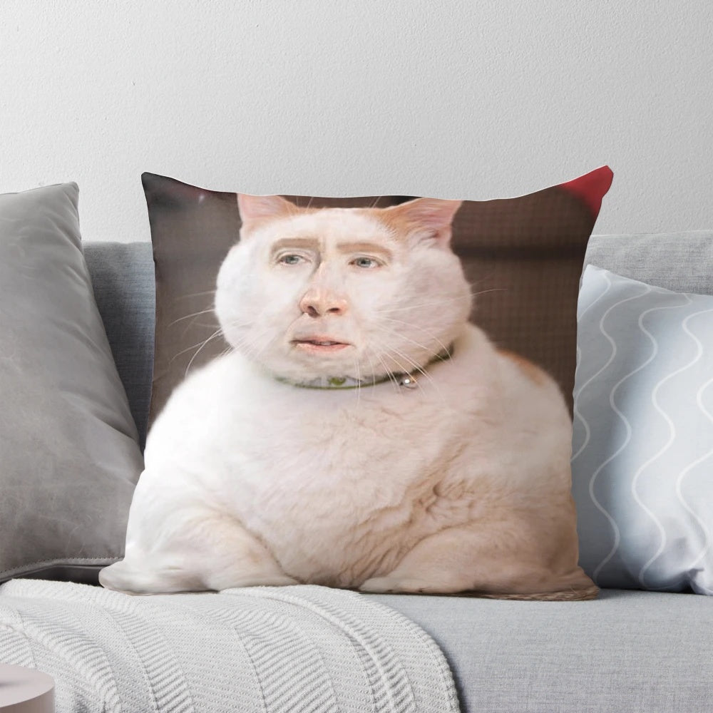 Playful Nicolas Cage cat-themed throw pillow, perfect for fans of the actor and feline enthusiasts