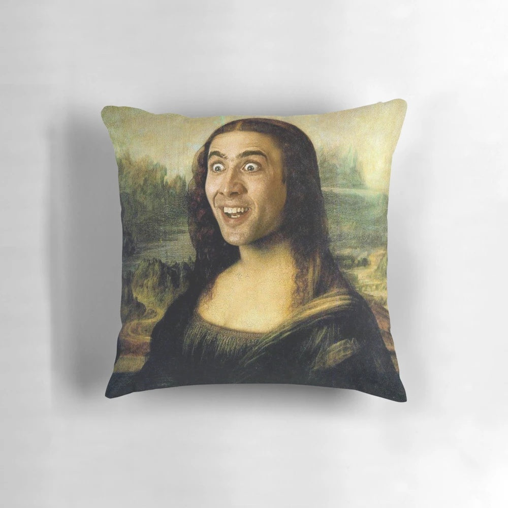 Funny pop art pillow featuring Nicolas Cage's face digitally edited onto the Mona Lisa painting