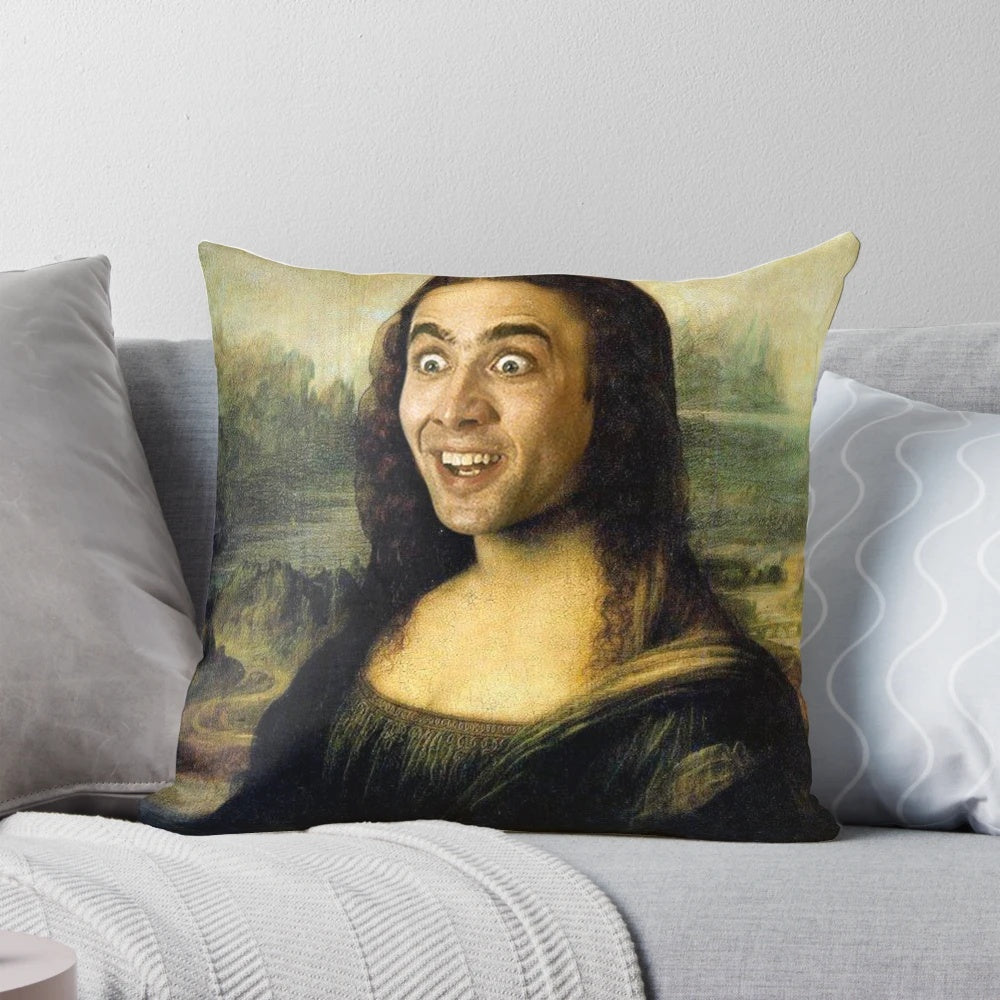 Funny pop art pillow featuring Nicolas Cage's face digitally edited onto the Mona Lisa painting