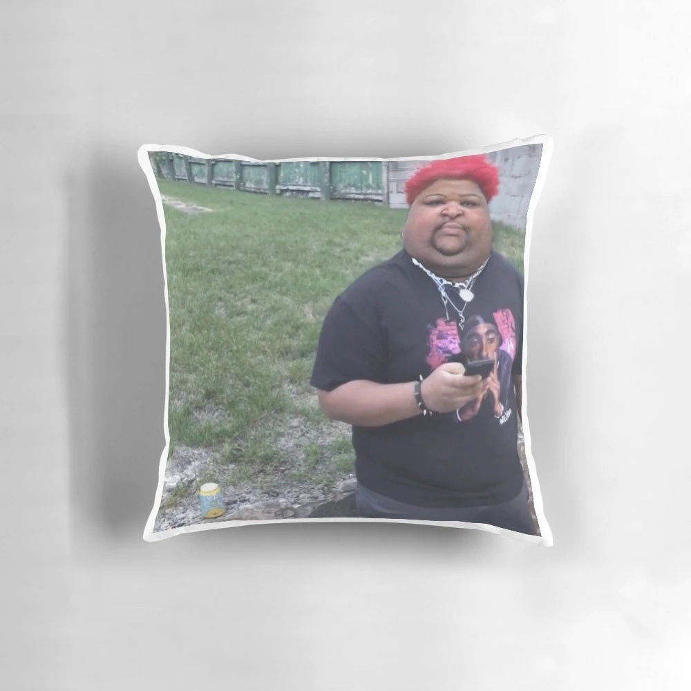Oversized pillow with an image of the internet personality Mario Judah depicted as fatter than normal